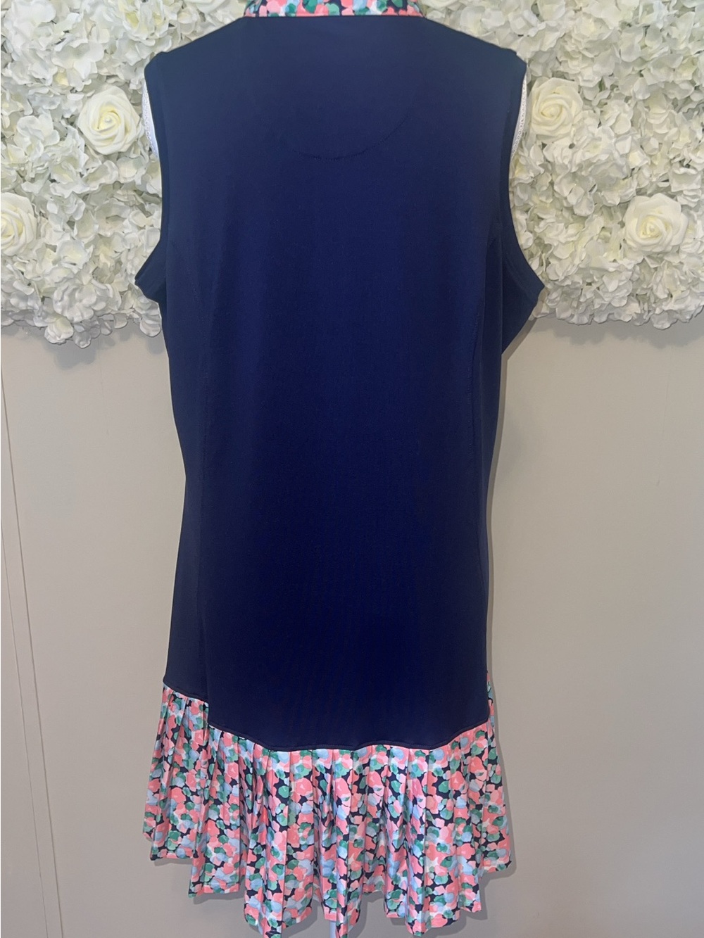 Pebble Beach Navy Sleeveless Dress with Coral & Teal Floral Trim - Picture 7 of 9